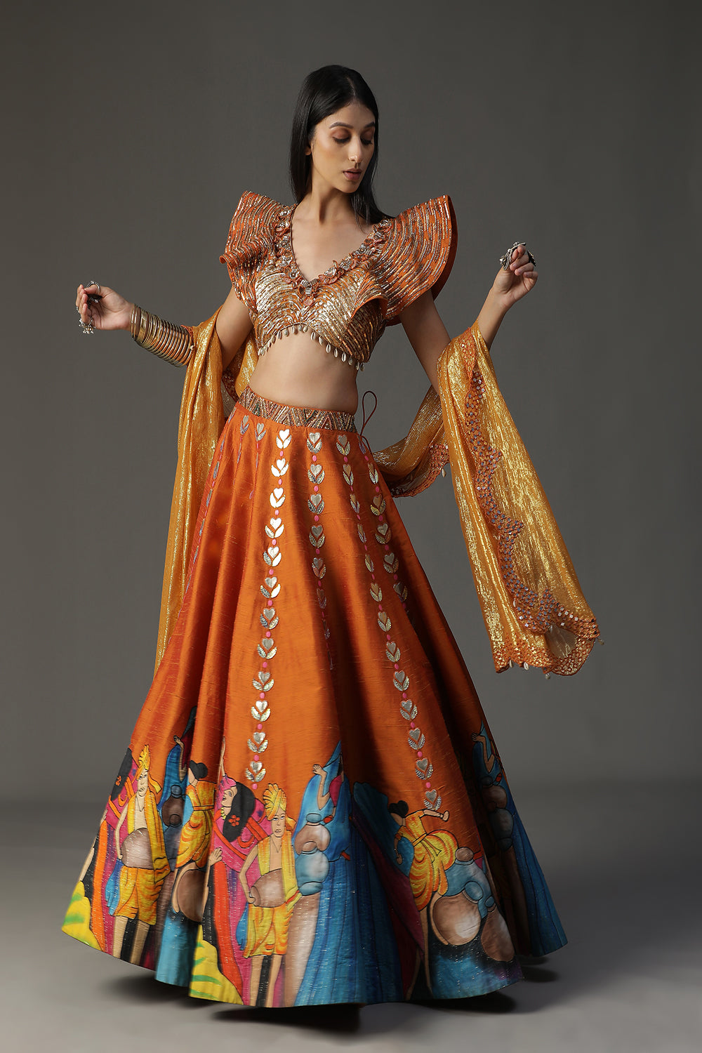 Burnt Orange Handpainted Lehenga Set - Auraya Fashion -  - #tag1# - #tag2# - #tag3# - #tag3#