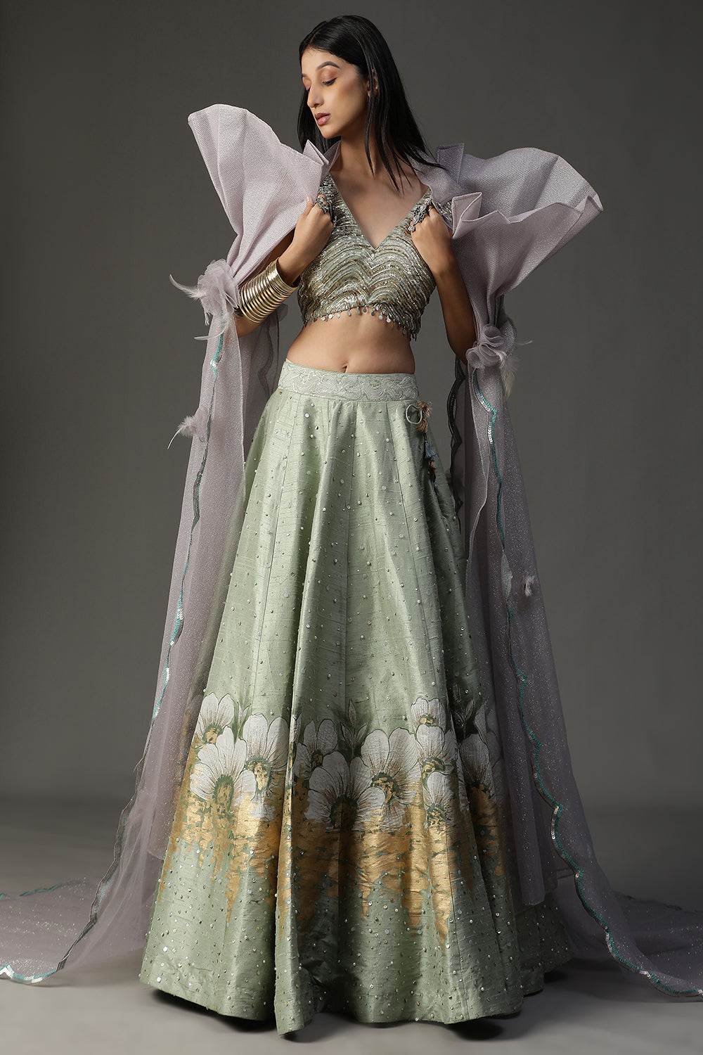 Sea Green Handpainted Lehenga Set - Auraya Fashion - Arpita Sulakshana - #tag1# - #tag2# - #tag3# - #tag3#