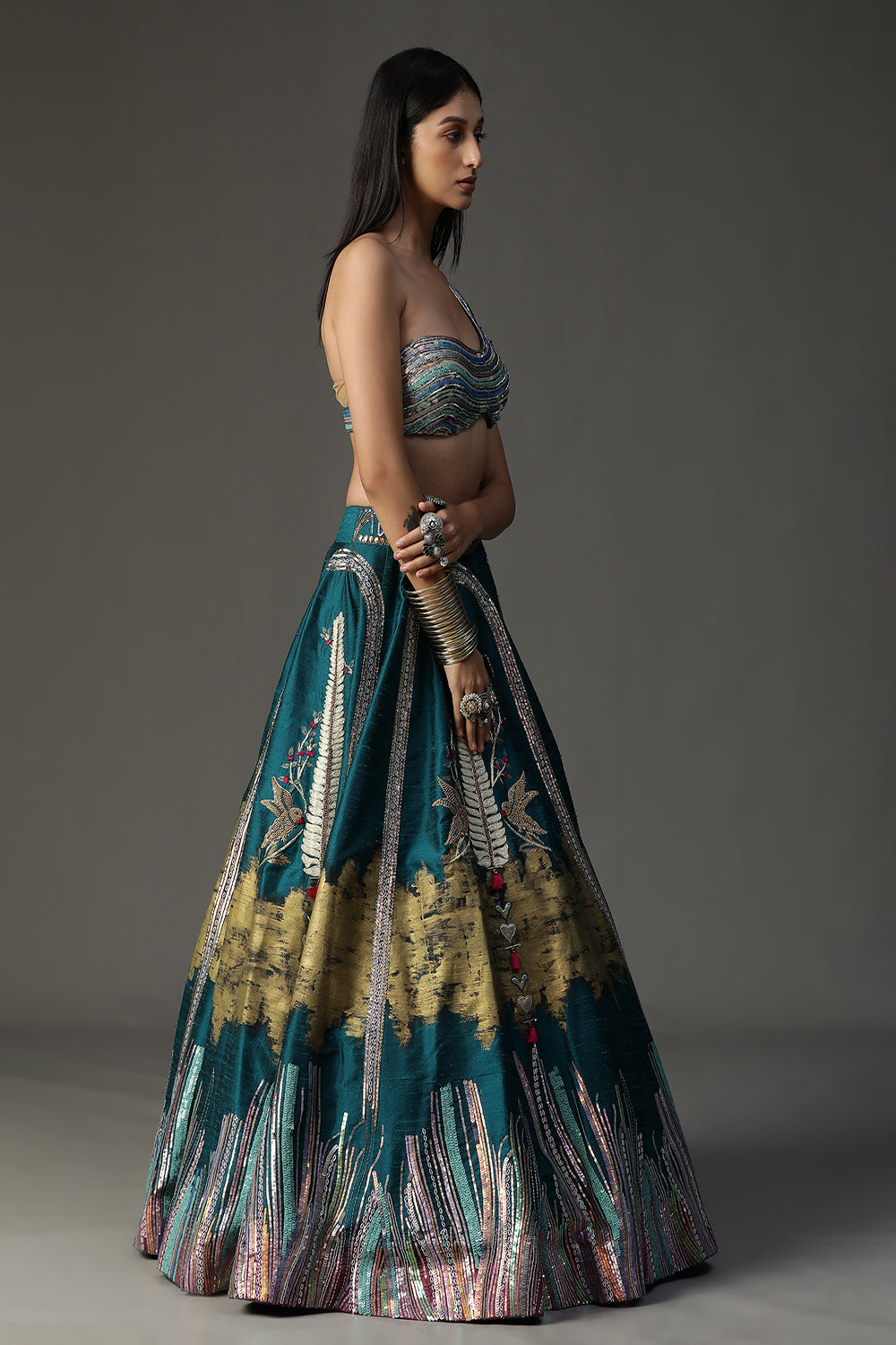 Teal Blue Handpainted Lehenga Set - Auraya Fashion -  - #tag1# - #tag2# - #tag3# - #tag3#