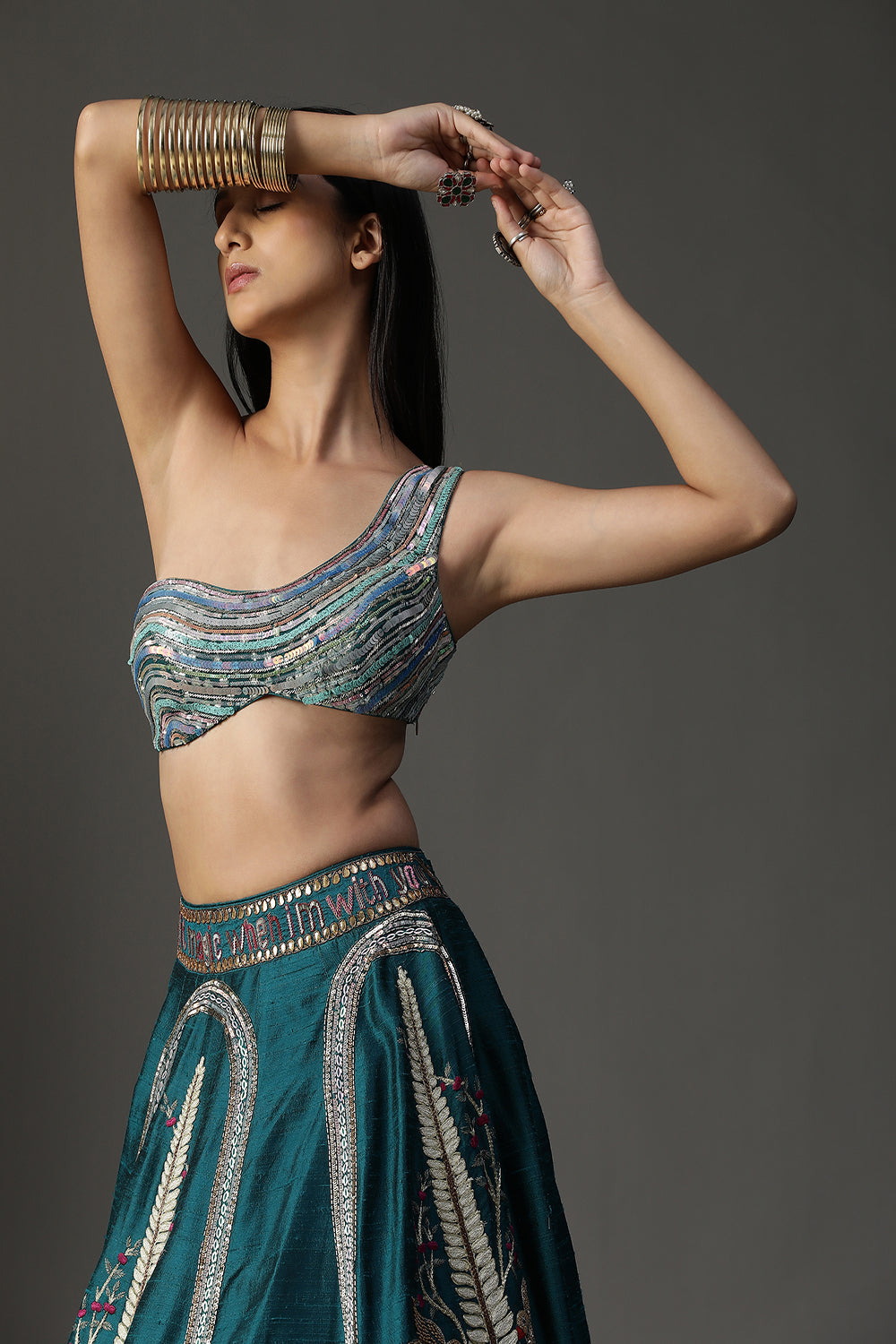 Teal Blue Handpainted Lehenga Set - Auraya Fashion -  - #tag1# - #tag2# - #tag3# - #tag3#