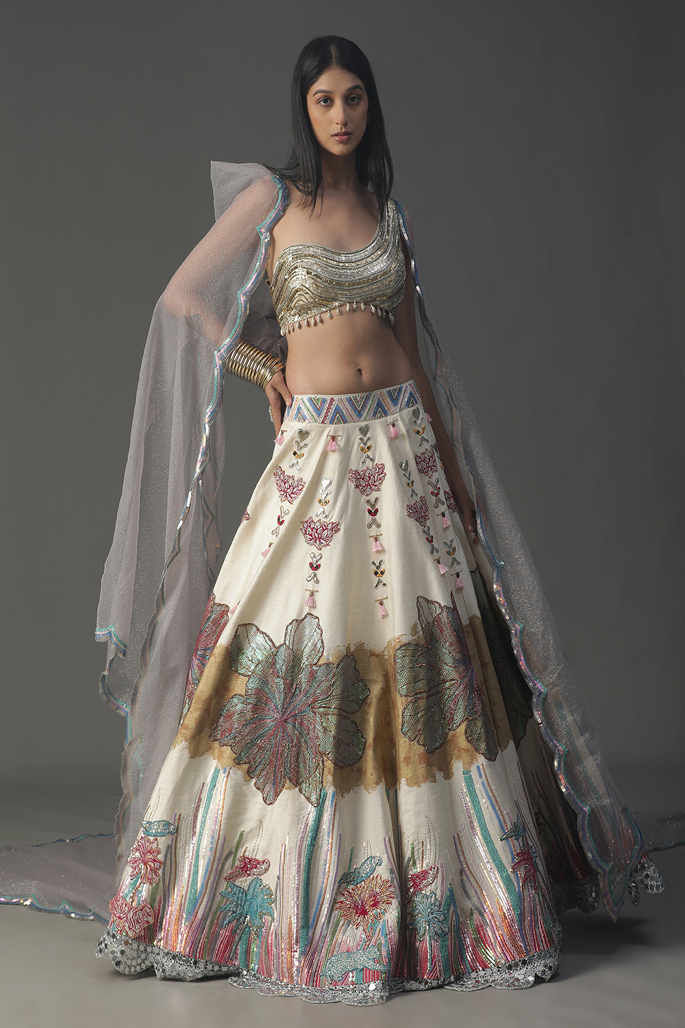 Ivory Floral Handpainted Lehenga Set - Auraya Fashion - Arpita Sulakshana - #tag1# - #tag2# - #tag3# - #tag3#