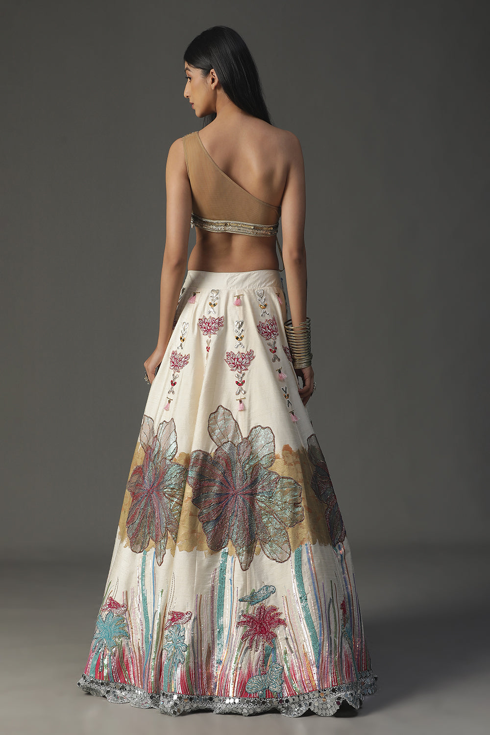 Ivory Floral Handpainted Lehenga Set - Auraya Fashion -  - #tag1# - #tag2# - #tag3# - #tag3#