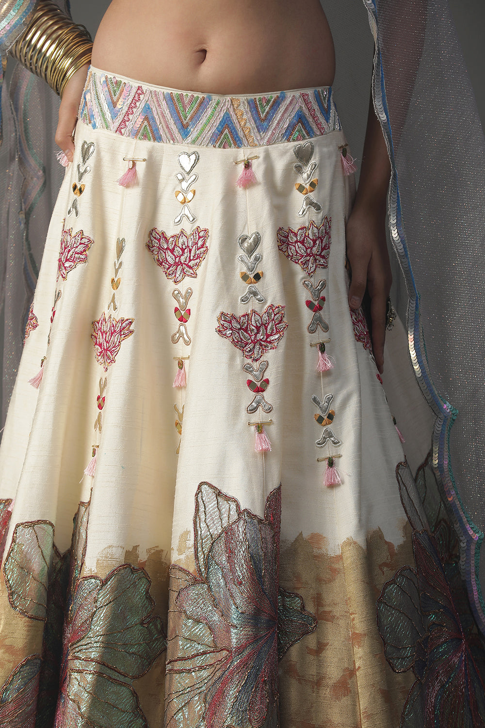 Ivory Floral Handpainted Lehenga Set - Auraya Fashion -  - #tag1# - #tag2# - #tag3# - #tag3#