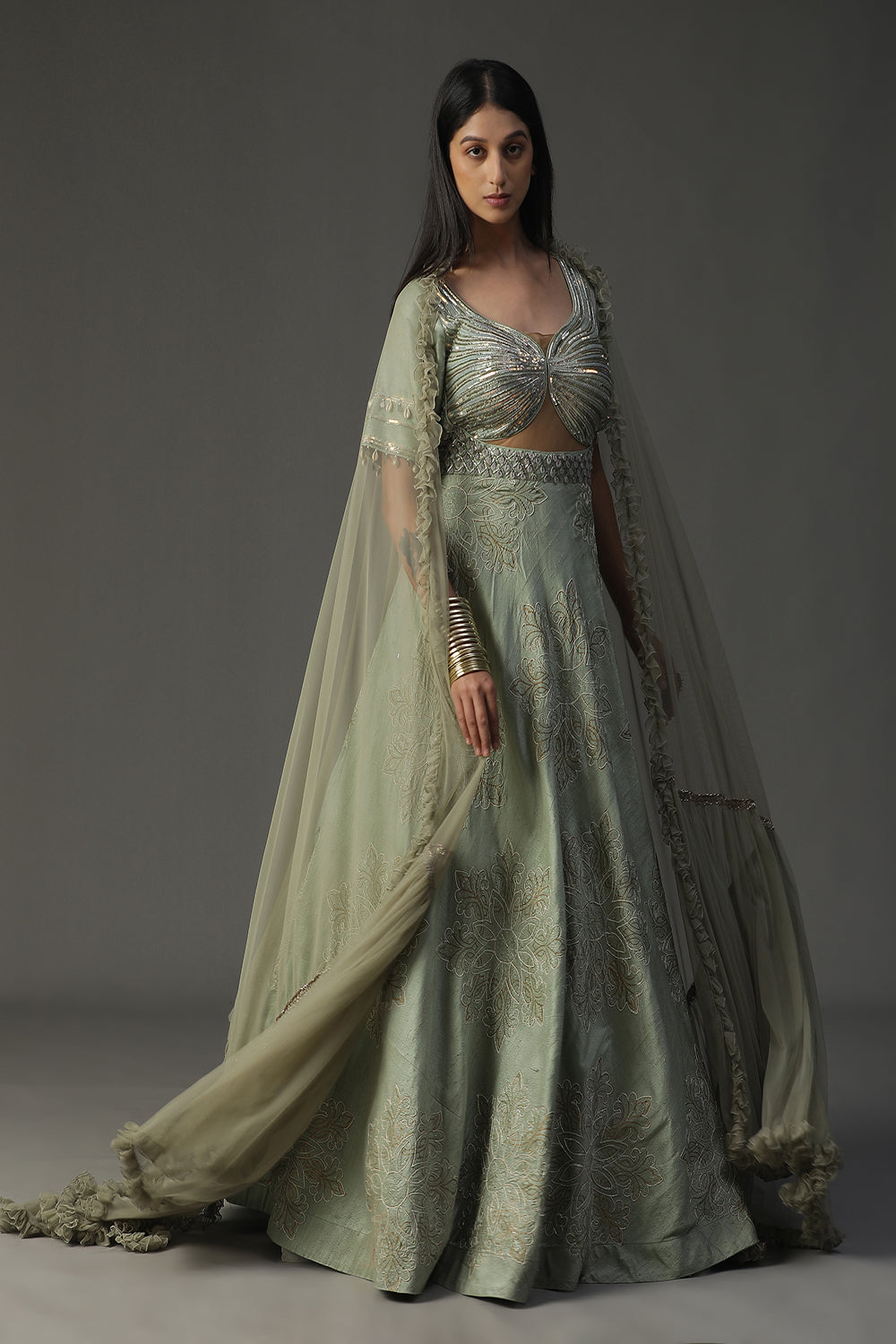 Sea Green Embroidered Gown Set - Auraya Fashion - Arpita Sulakshana - #tag1# - #tag2# - #tag3# - #tag3#