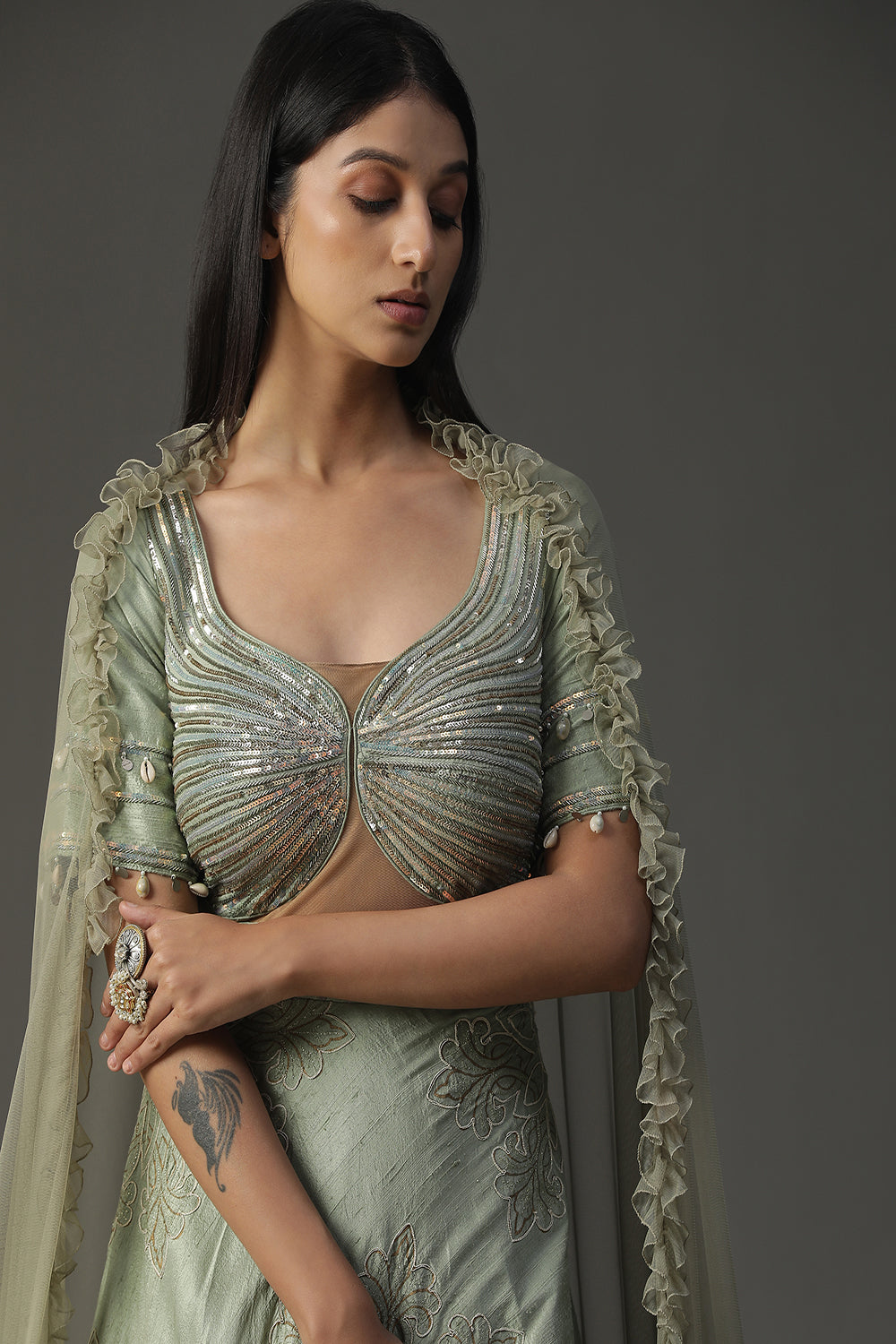 Sea Green Embroidered Gown Set - Auraya Fashion -  - #tag1# - #tag2# - #tag3# - #tag3#