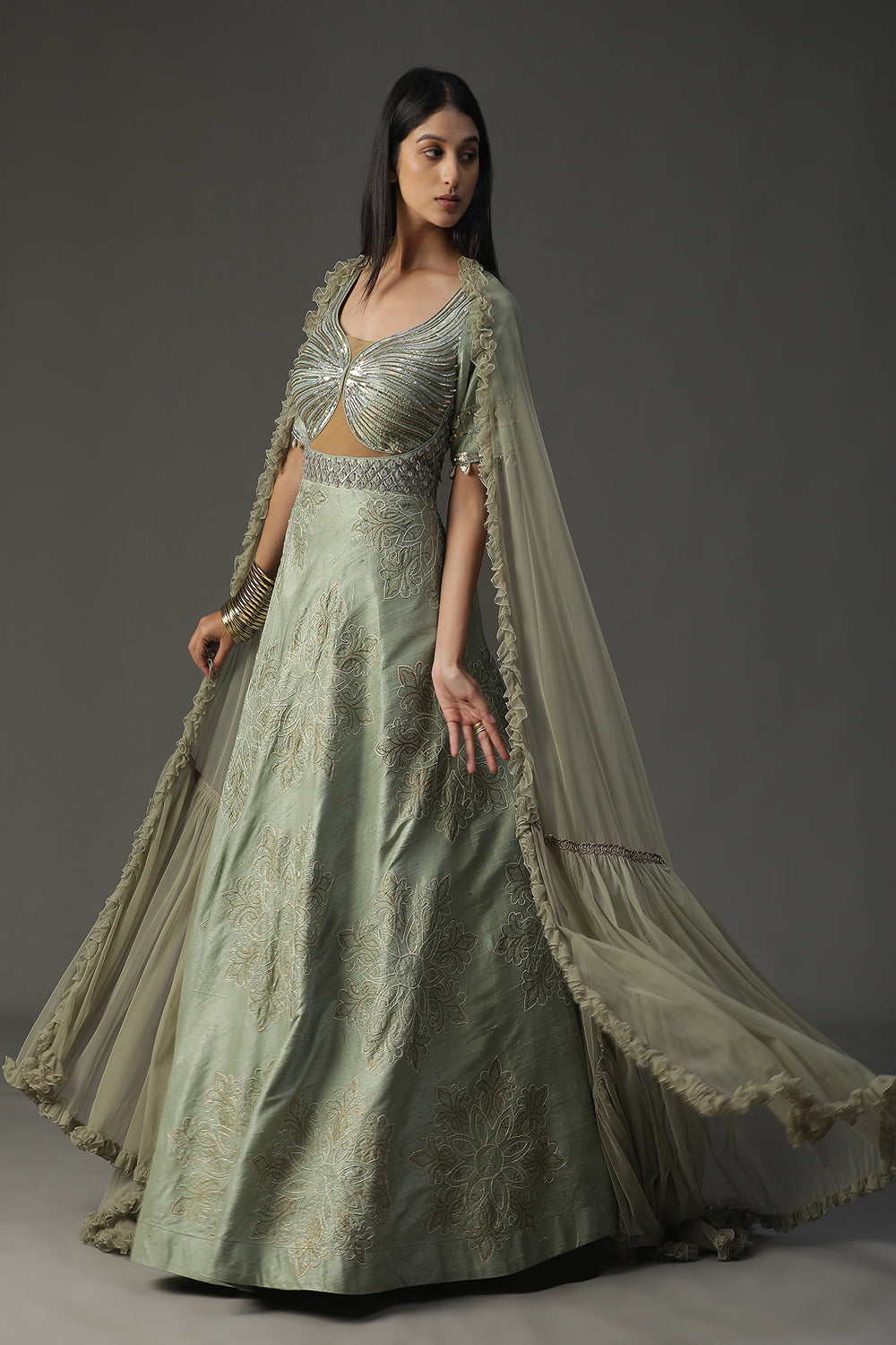 Sea Green Embroidered Gown Set - Auraya Fashion -  - #tag1# - #tag2# - #tag3# - #tag3#