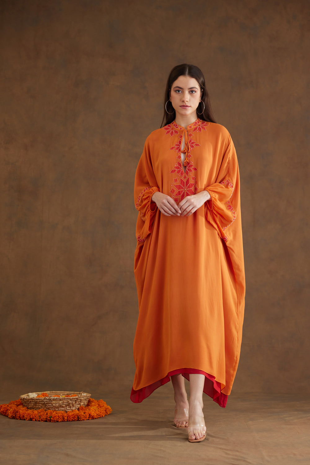 Saffron Applique Embroidered Kaftan Dress - Auraya Fashion - Nikasha - #tag1# - #tag2# - #tag3# - #tag3#