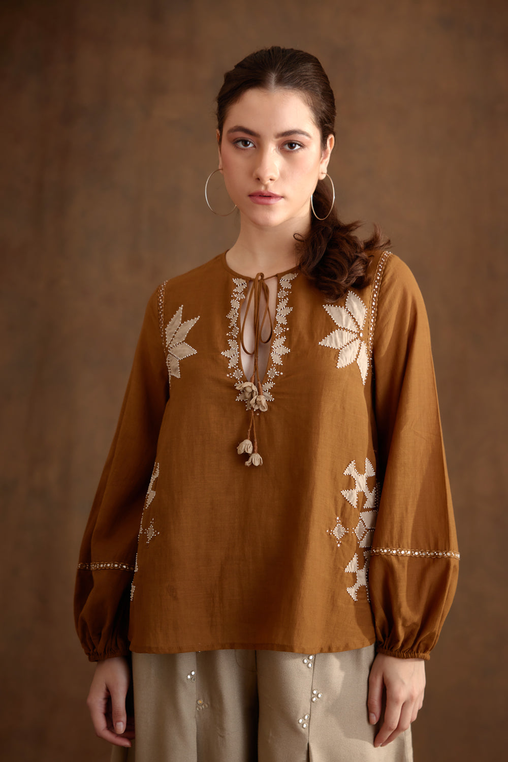 Tobacco Applique Embroidered Top - Auraya Fashion - Nikasha - #tag1# - #tag2# - #tag3# - #tag3#