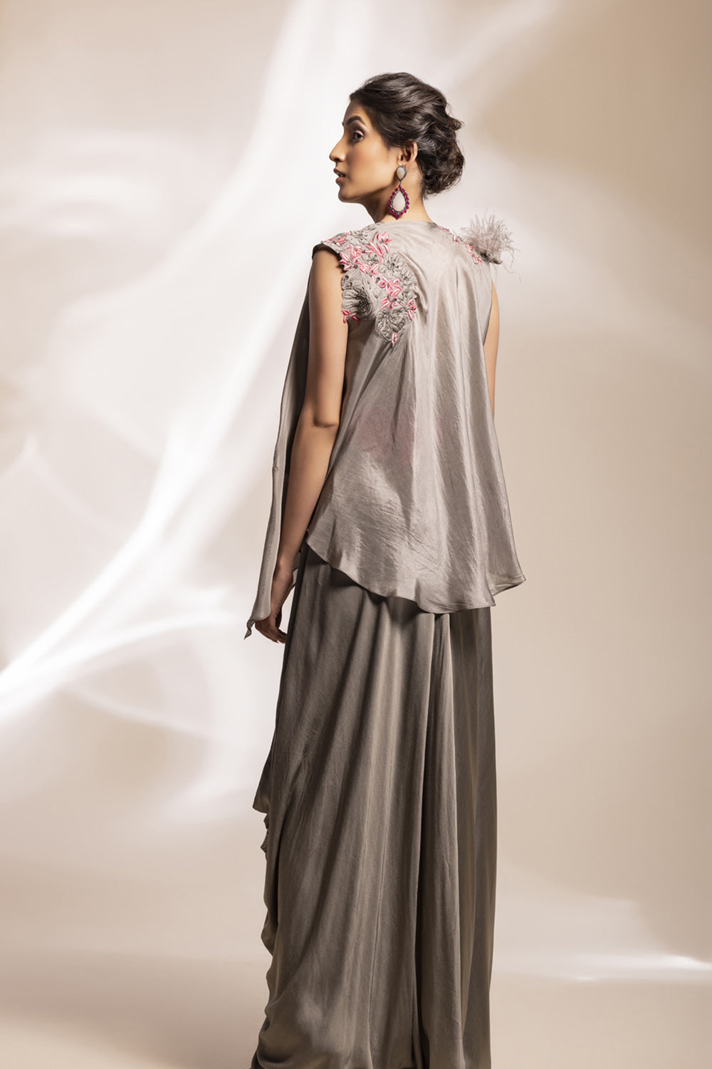 Grey Satin Assymetrical Dress With Fuchsia Belt + Feathered Satin Jacket - Auraya Fashion -  - #tag1# - #tag2# - #tag3# - #tag3#