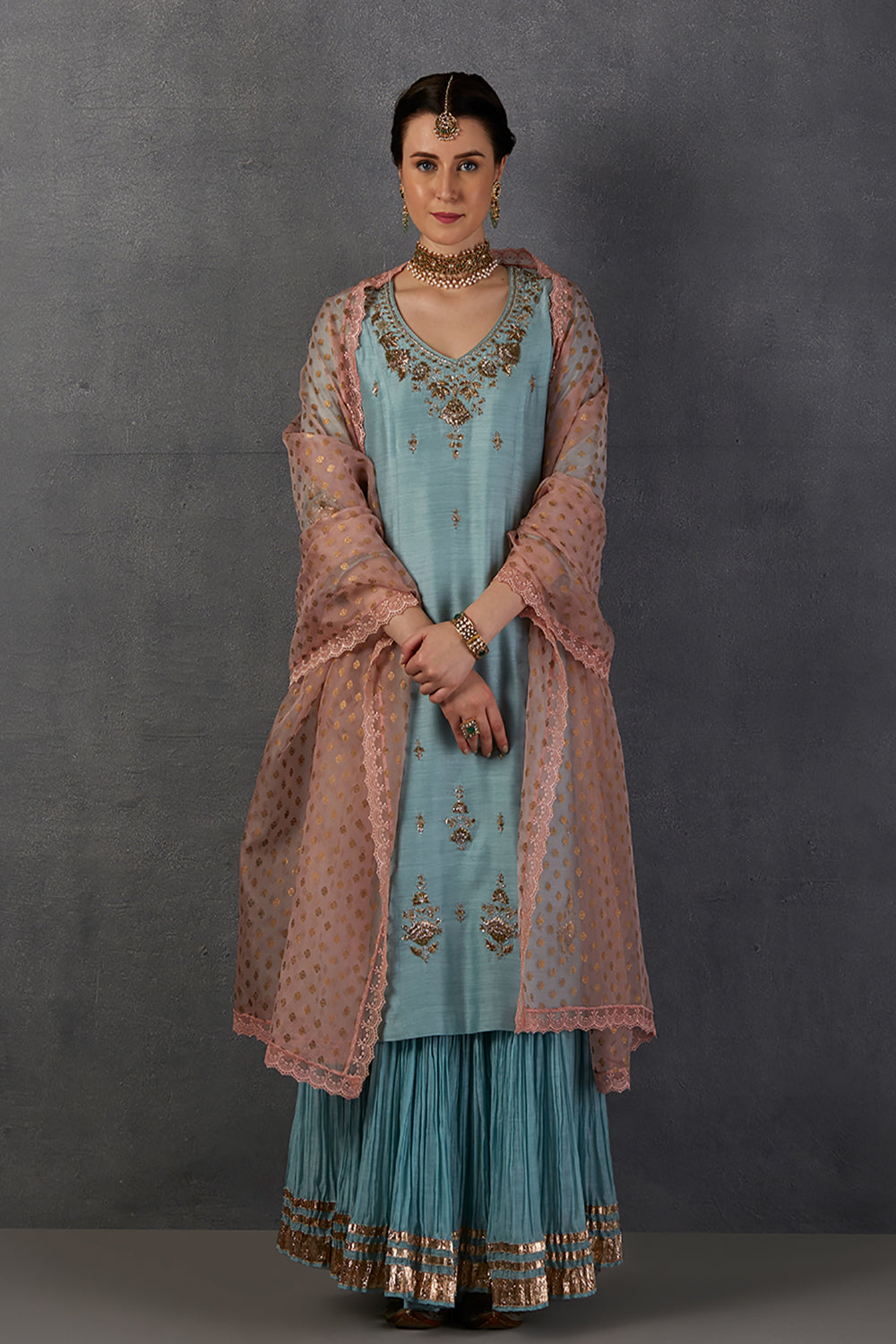 Aqua Georgette Tussar Embroidered Kurta Set   ( Brm-30B) - Auraya Fashion - Anju Modi - #tag1# - #tag2# - #tag3# - #tag3#