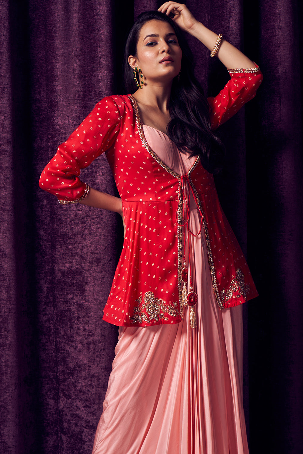 Pink & Red Bhandhani Jacket Gown - Auraya Fashion - Bahaara by Divya & Saloni - #tag1# - #tag2# - #tag3# - #tag3#