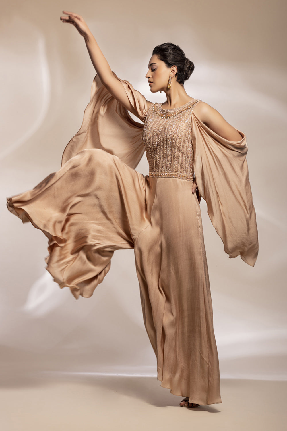 Champaign Gold Jumpsuit With Embroidered Bodice And Draped Sleeves. - Auraya Fashion -  - #tag1# - #tag2# - #tag3# - #tag3#