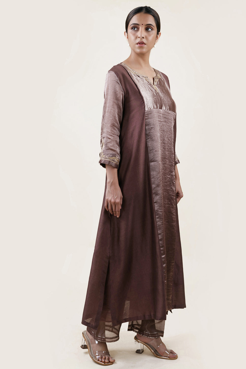 Embroidered Chanderi /Panelled A-Line Kurta And Slub Silk Pants Set - Auraya Fashion -  - #tag1# - #tag2# - #tag3# - #tag3#