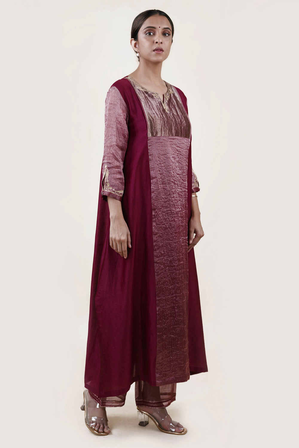 Embroidered Chanderi /Panelled A-Line Kurta And Slub Silk Pants Set - Auraya Fashion -  - #tag1# - #tag2# - #tag3# - #tag3#