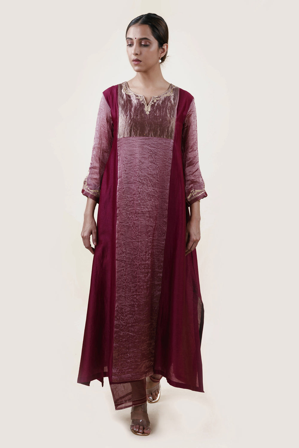 Embroidered Chanderi /Panelled A-Line Kurta And Slub Silk Pants Set - Auraya Fashion -  - #tag1# - #tag2# - #tag3# - #tag3#