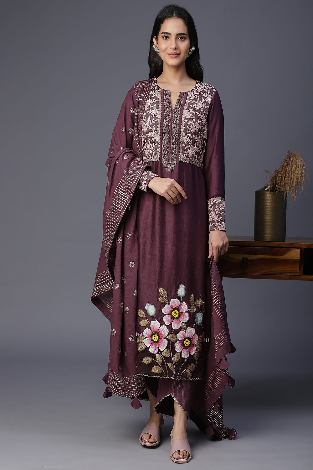 Taupe Handpainted Suit - Auraya Fashion - Arpita Sulakshana - #tag1# - #tag2# - #tag3# - #tag3#