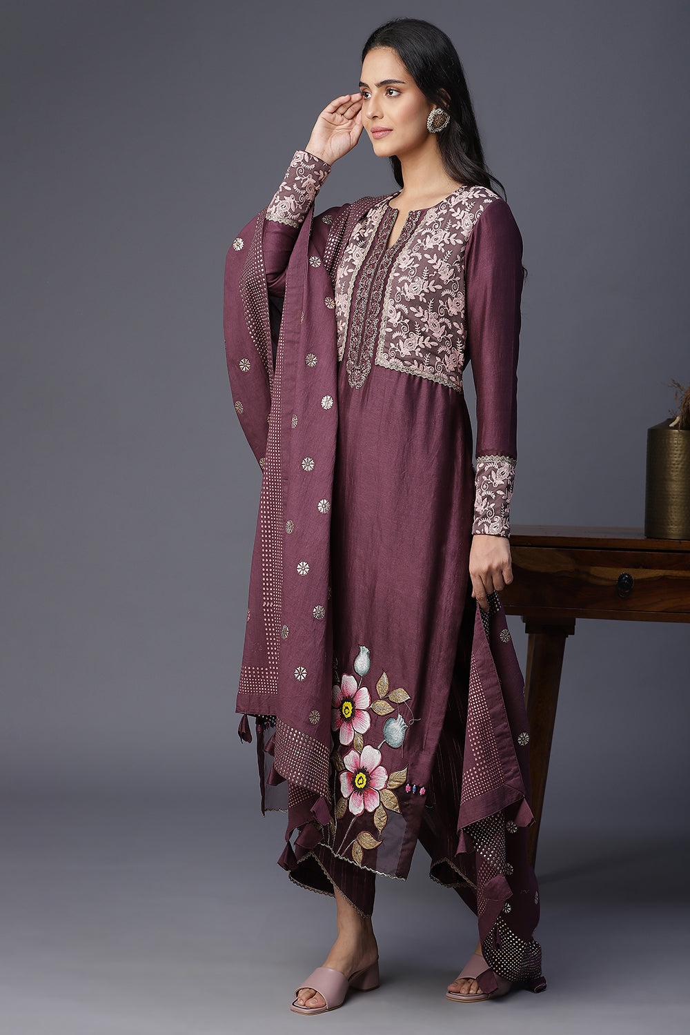 Taupe Handpainted Suit - Auraya Fashion -  - #tag1# - #tag2# - #tag3# - #tag3#