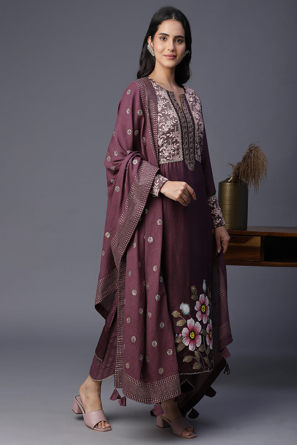 Taupe Handpainted Suit - Auraya Fashion -  - #tag1# - #tag2# - #tag3# - #tag3#