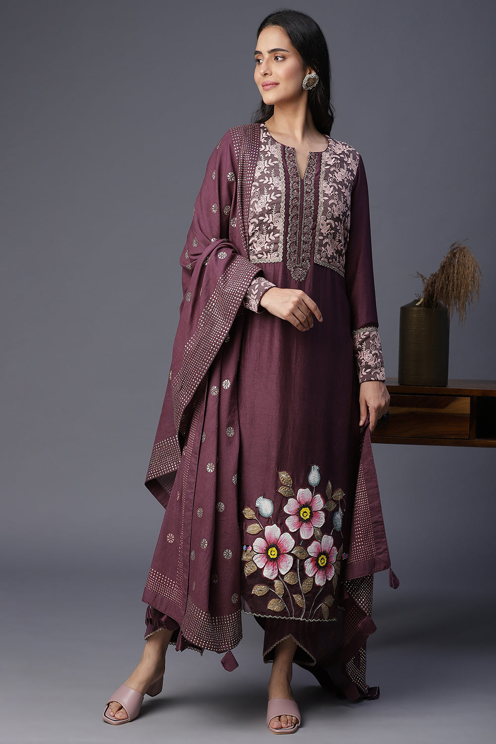 Taupe Handpainted Suit - Auraya Fashion -  - #tag1# - #tag2# - #tag3# - #tag3#