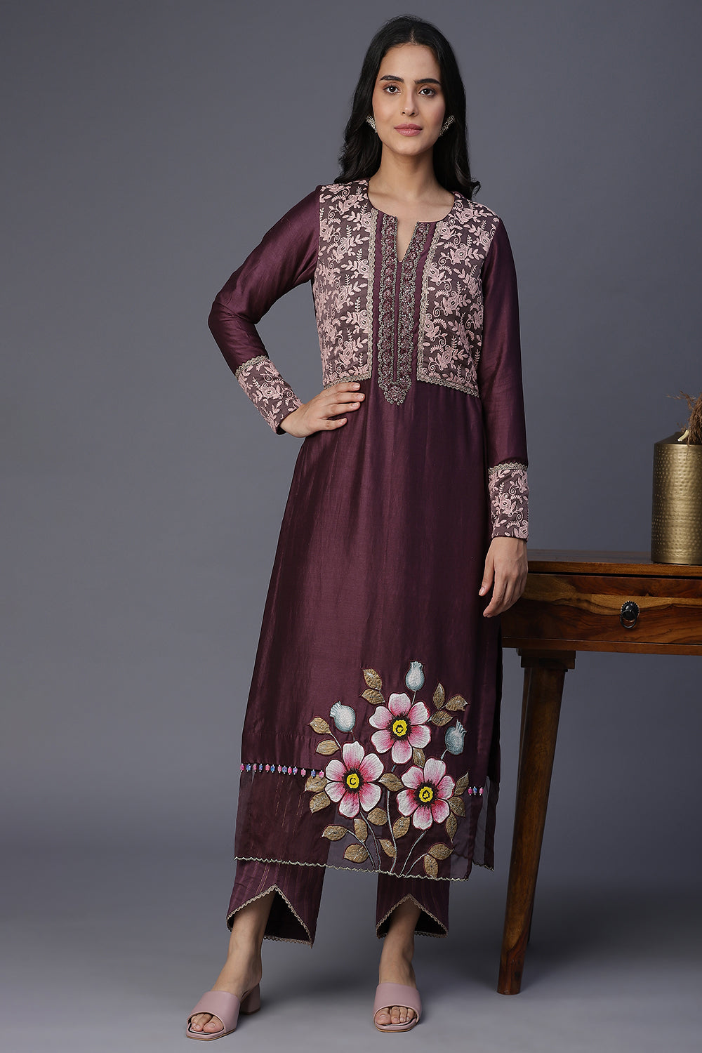 Taupe Handpainted Suit - Auraya Fashion -  - #tag1# - #tag2# - #tag3# - #tag3#