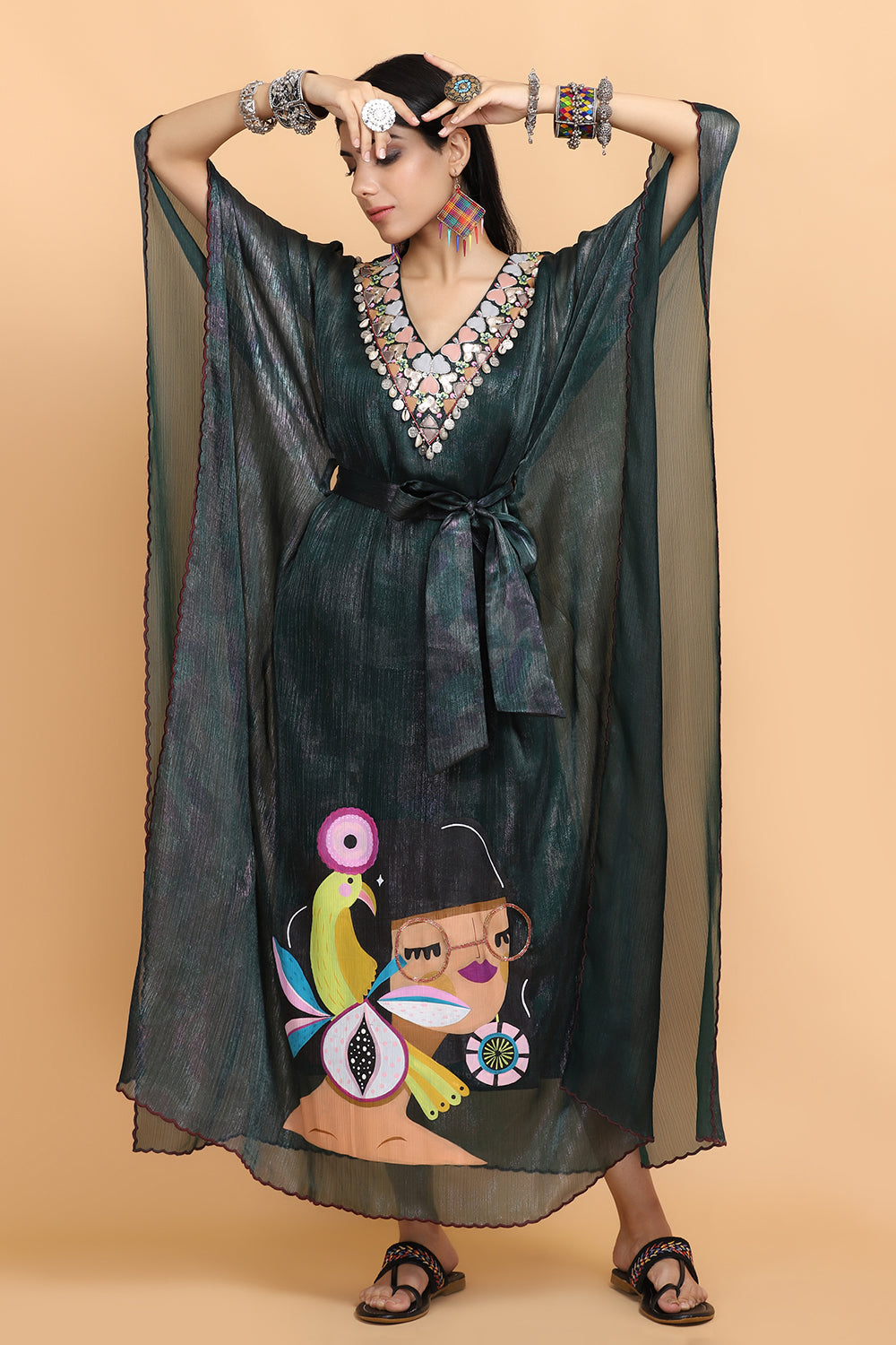 Bottle Green Handpainted Kaftan Set - Auraya Fashion - Arpita Sulakshana - #tag1# - #tag2# - #tag3# - #tag3#