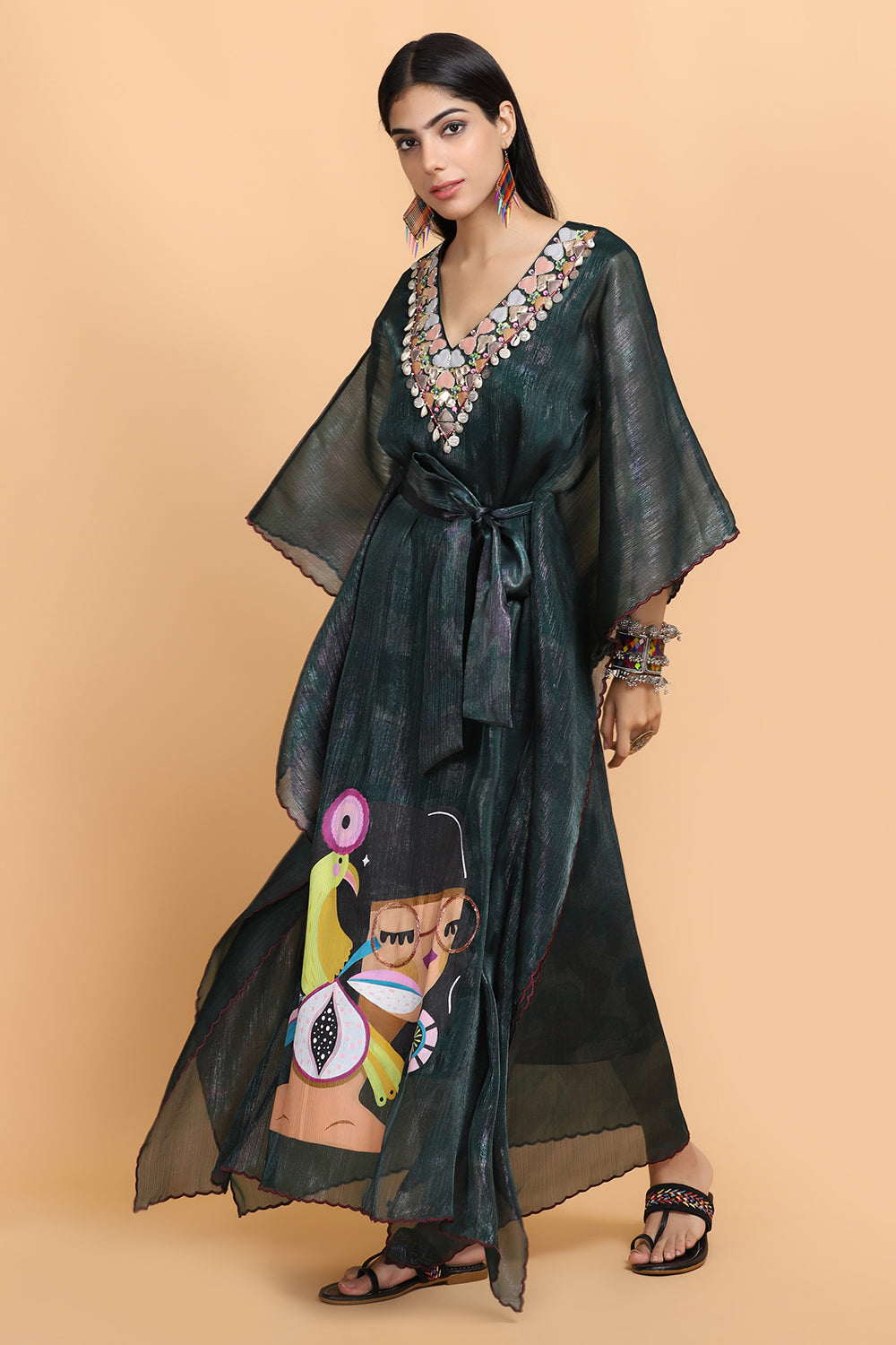 Bottle Green Handpainted Kaftan Set - Auraya Fashion -  - #tag1# - #tag2# - #tag3# - #tag3#