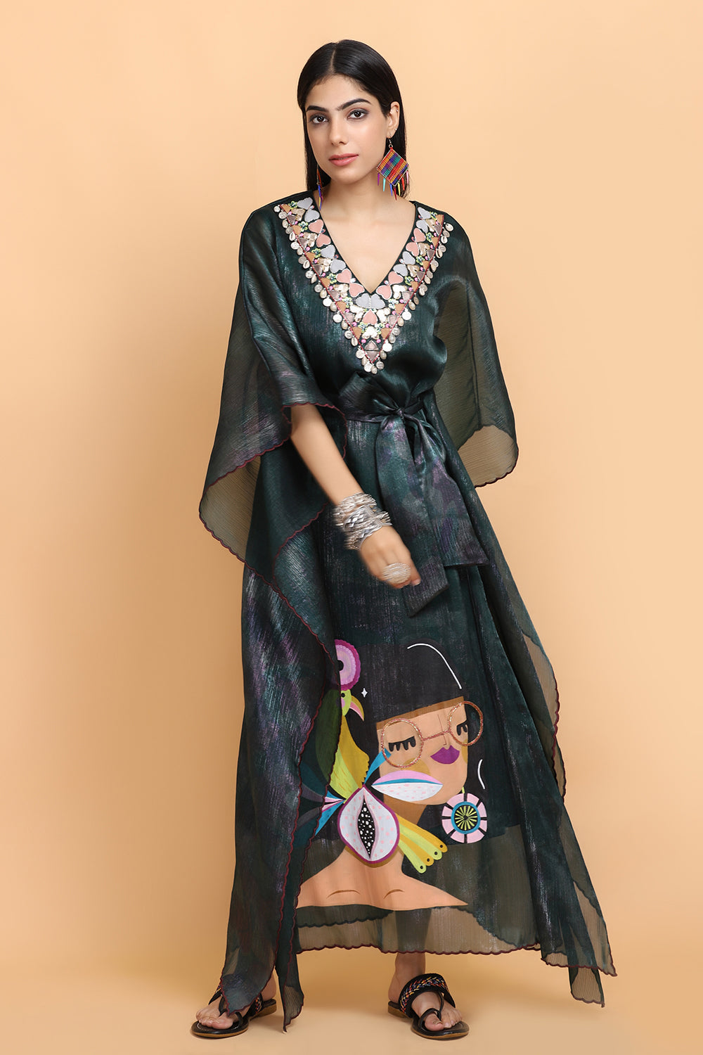 Bottle Green Handpainted Kaftan Set - Auraya Fashion -  - #tag1# - #tag2# - #tag3# - #tag3#