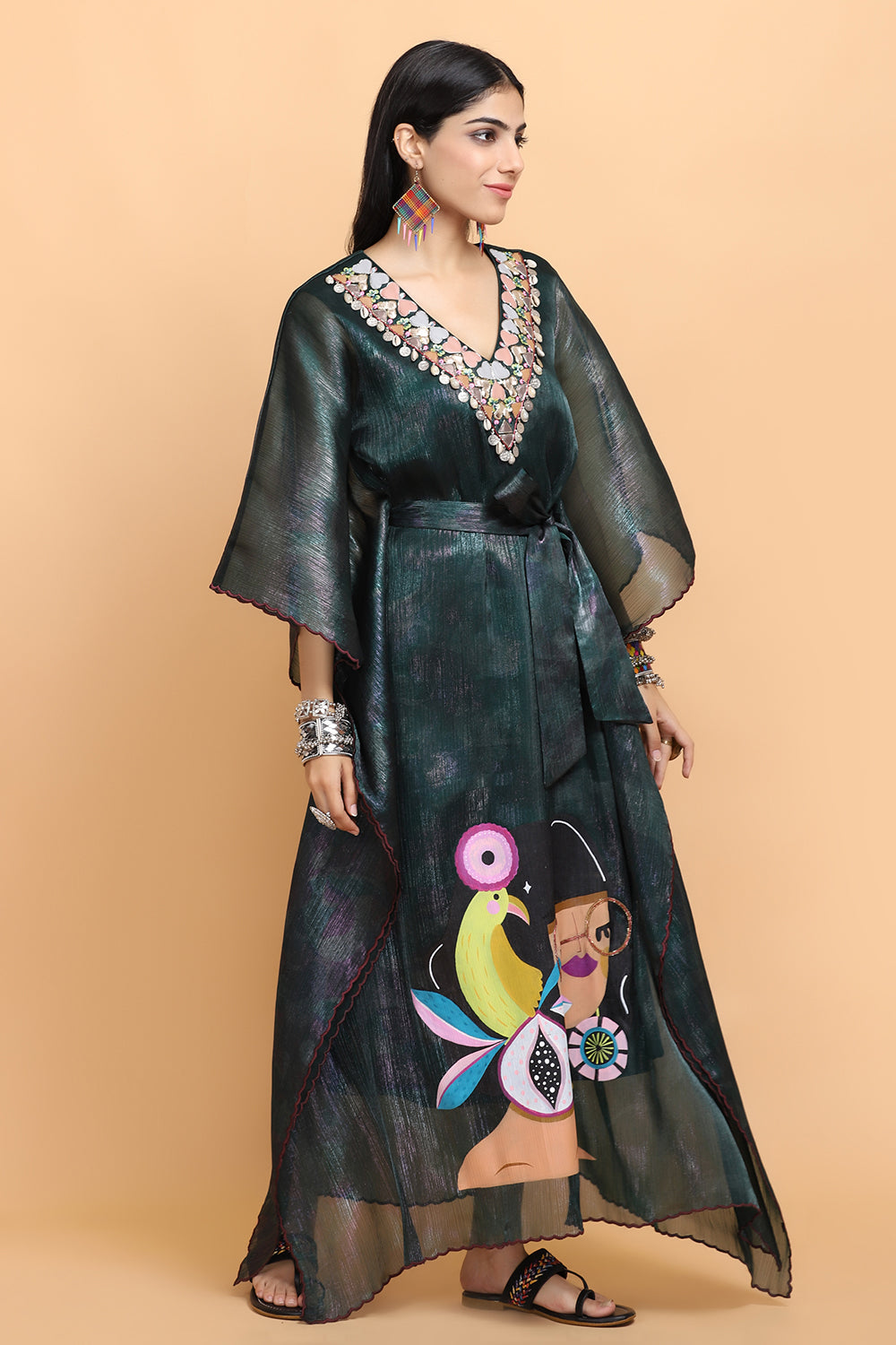 Bottle Green Handpainted Kaftan Set - Auraya Fashion -  - #tag1# - #tag2# - #tag3# - #tag3#