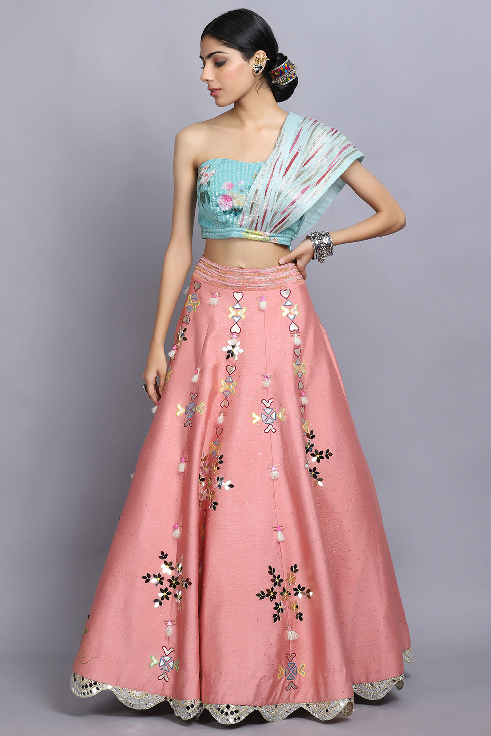 Peach Handpainted Lehnga Set - Auraya Fashion -  - #tag1# - #tag2# - #tag3# - #tag3#