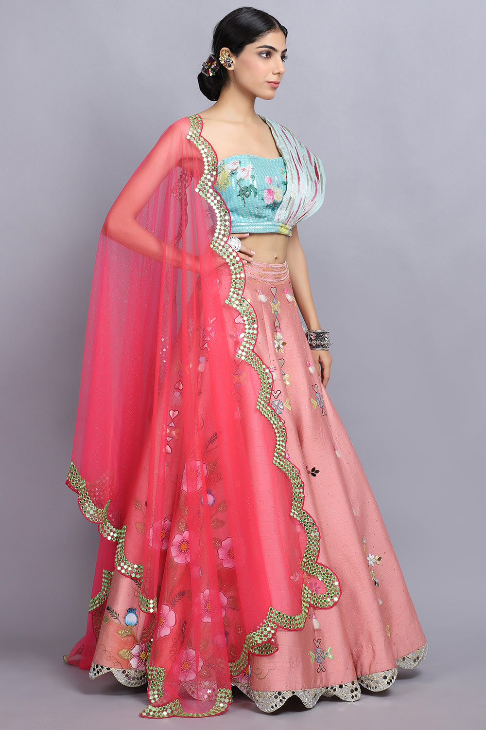 Peach Handpainted Lehnga Set - Auraya Fashion -  - #tag1# - #tag2# - #tag3# - #tag3#