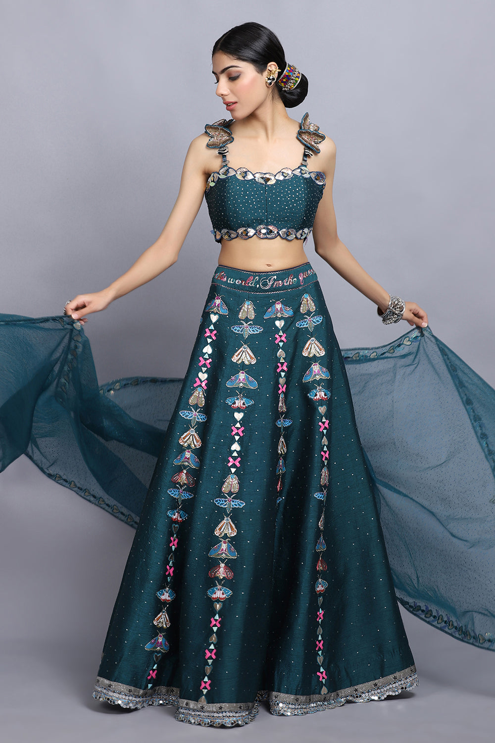 Teal Blue Handpainted Lehnga Set - Auraya Fashion - Arpita Sulakshana - #tag1# - #tag2# - #tag3# - #tag3#