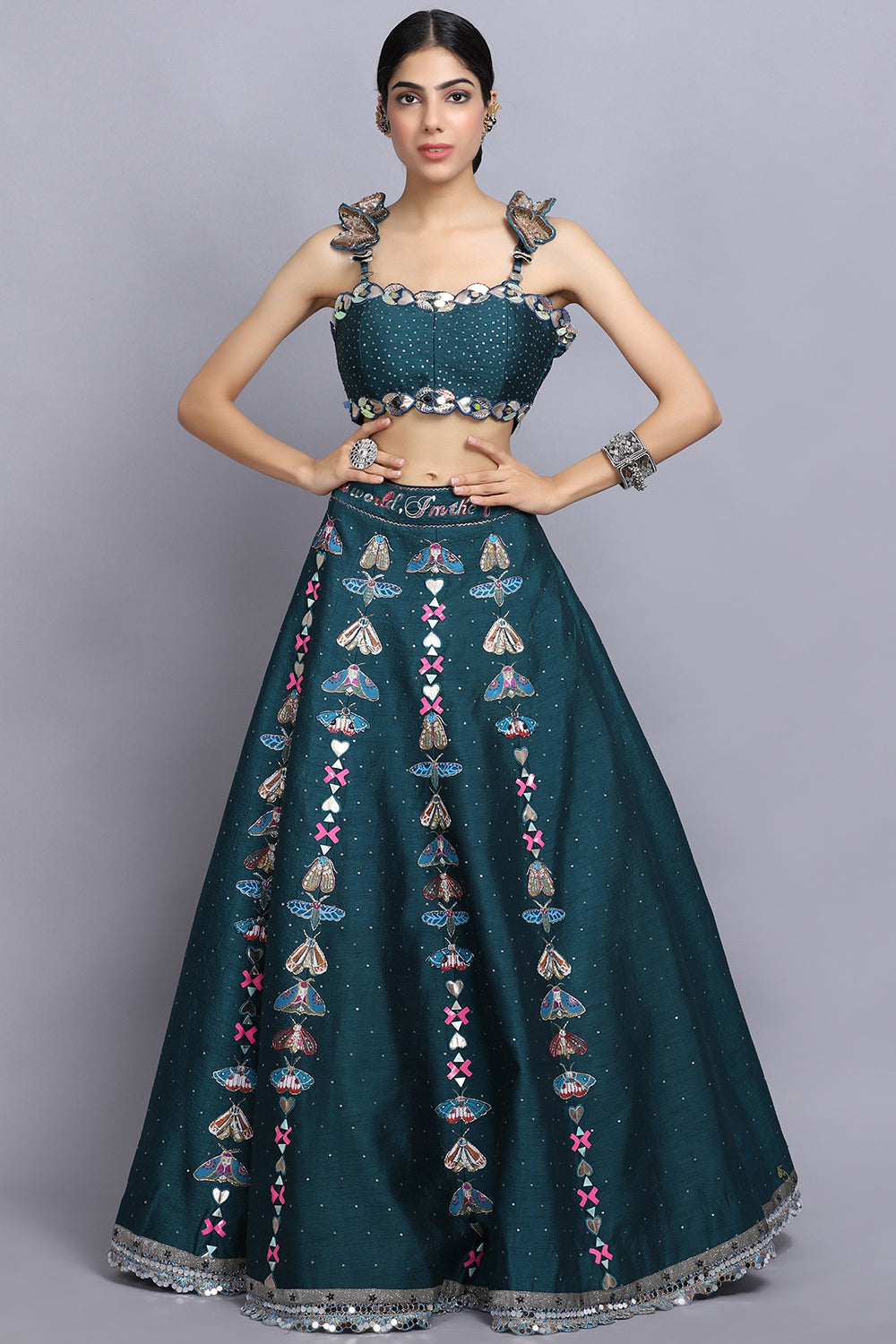 Teal Blue Handpainted Lehnga Set - Auraya Fashion -  - #tag1# - #tag2# - #tag3# - #tag3#