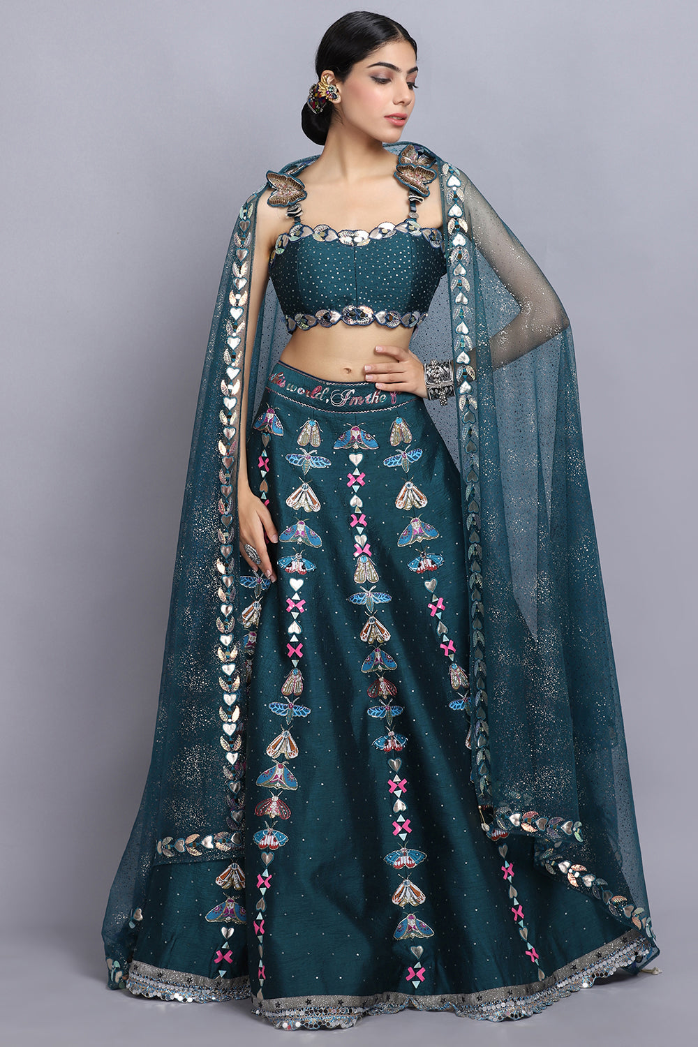 Teal Blue Handpainted Lehnga Set - Auraya Fashion -  - #tag1# - #tag2# - #tag3# - #tag3#