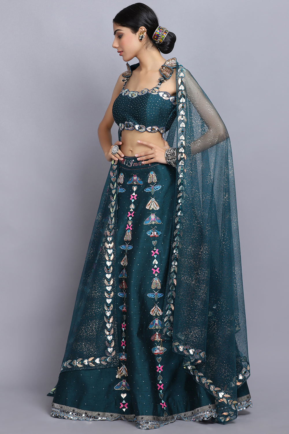 Teal Blue Handpainted Lehnga Set - Auraya Fashion -  - #tag1# - #tag2# - #tag3# - #tag3#