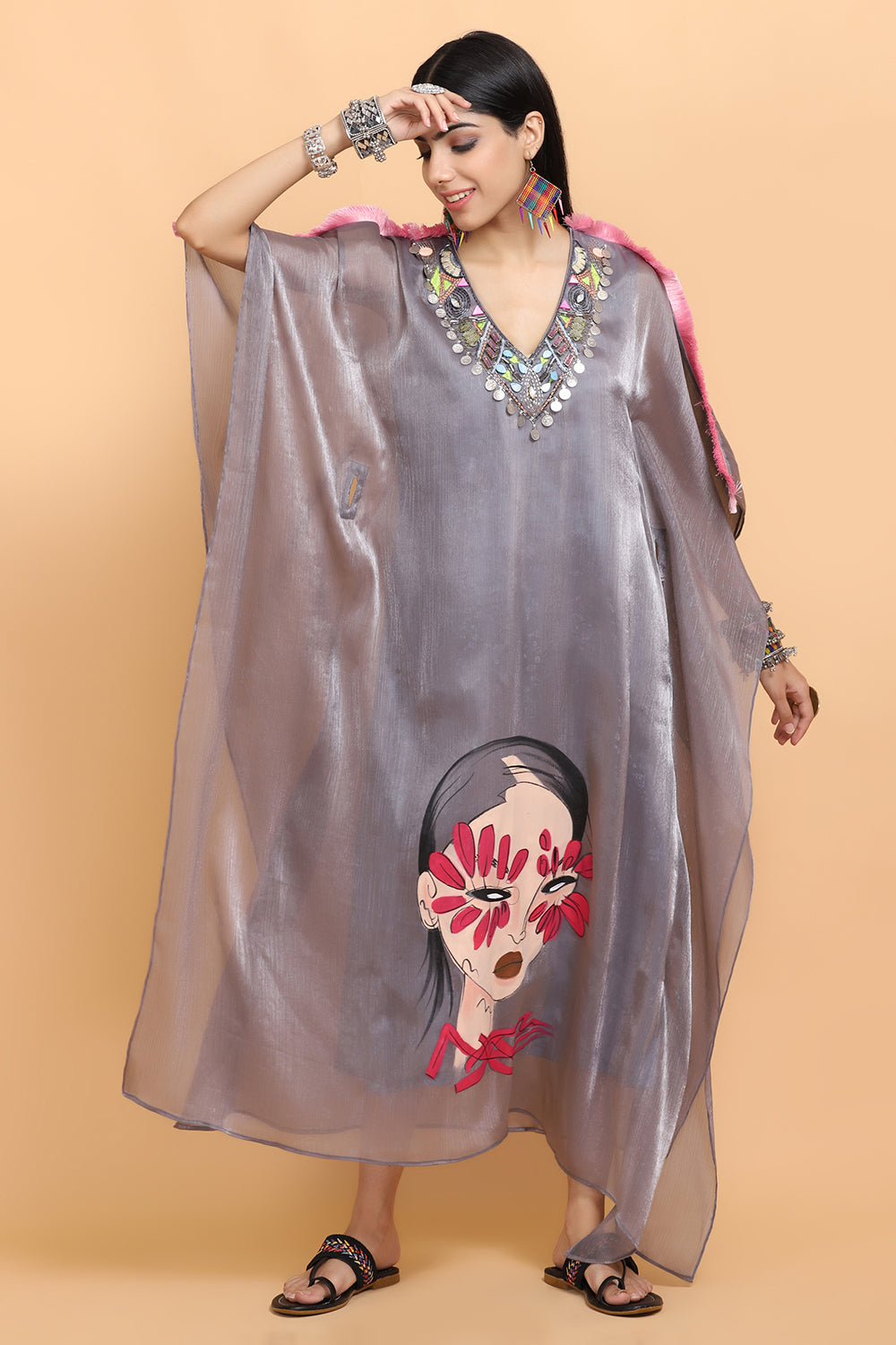 Steel Grey Handpainted Kaftan Set - Auraya Fashion - Arpita Sulakshana - #tag1# - #tag2# - #tag3# - #tag3#