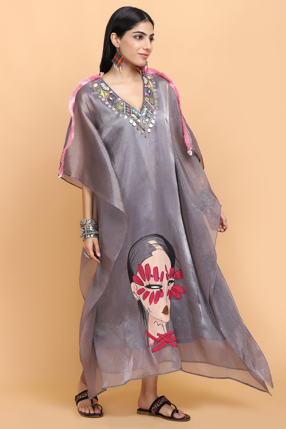 Steel Grey Handpainted Kaftan Set - Auraya Fashion -  - #tag1# - #tag2# - #tag3# - #tag3#