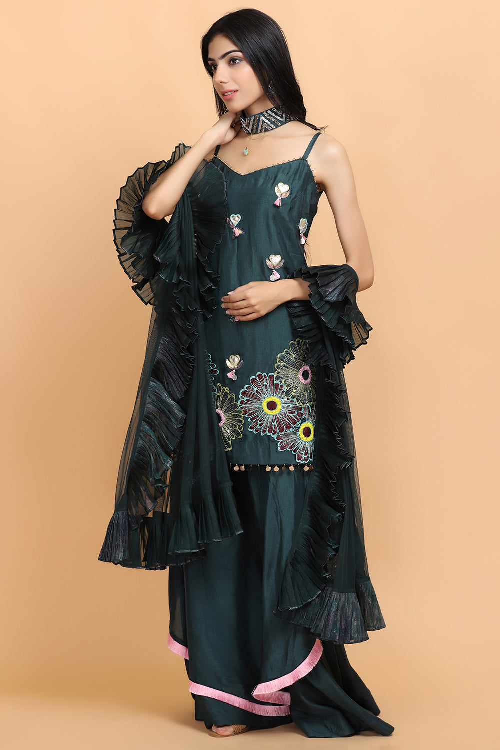 Bottle Green Silk Gharara Set - Auraya Fashion -  - #tag1# - #tag2# - #tag3# - #tag3#