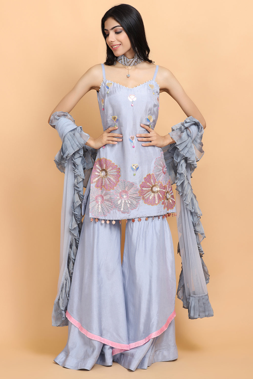 Ice Blue Silk Garara Set - Auraya Fashion -  - #tag1# - #tag2# - #tag3# - #tag3#