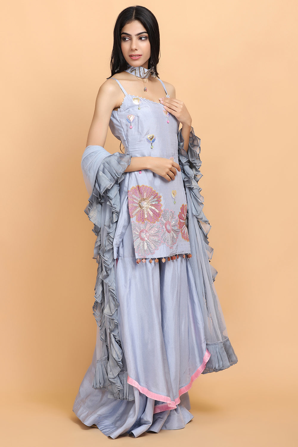 Ice Blue Silk Garara Set - Auraya Fashion -  - #tag1# - #tag2# - #tag3# - #tag3#