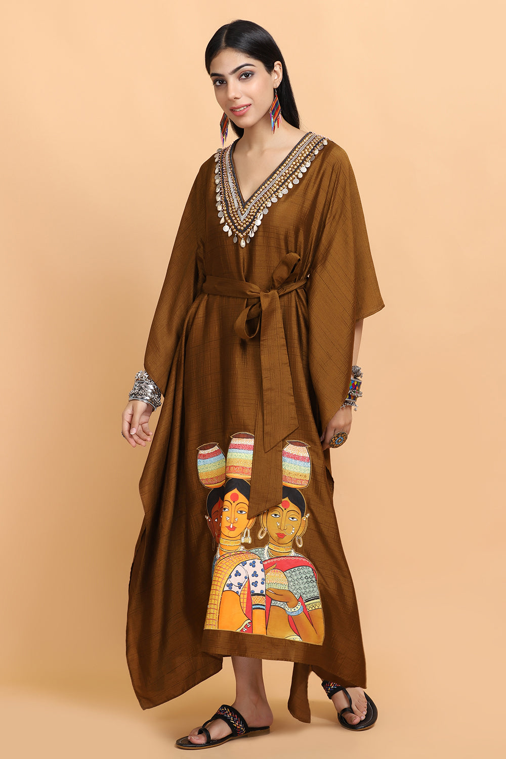 Rust Handpainted Kaftan Set - Auraya Fashion -  - #tag1# - #tag2# - #tag3# - #tag3#