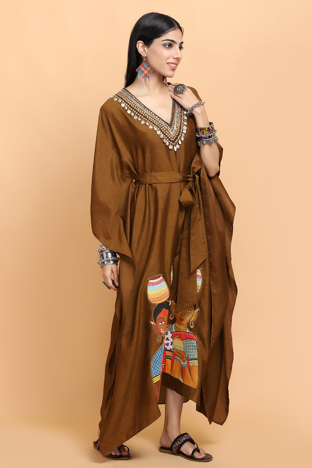 Rust Handpainted Kaftan Set - Auraya Fashion -  - #tag1# - #tag2# - #tag3# - #tag3#