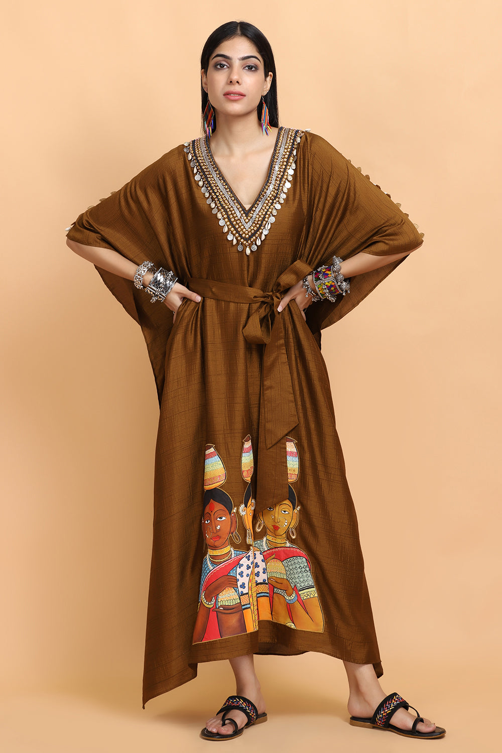 Rust Handpainted Kaftan Set - Auraya Fashion -  - #tag1# - #tag2# - #tag3# - #tag3#