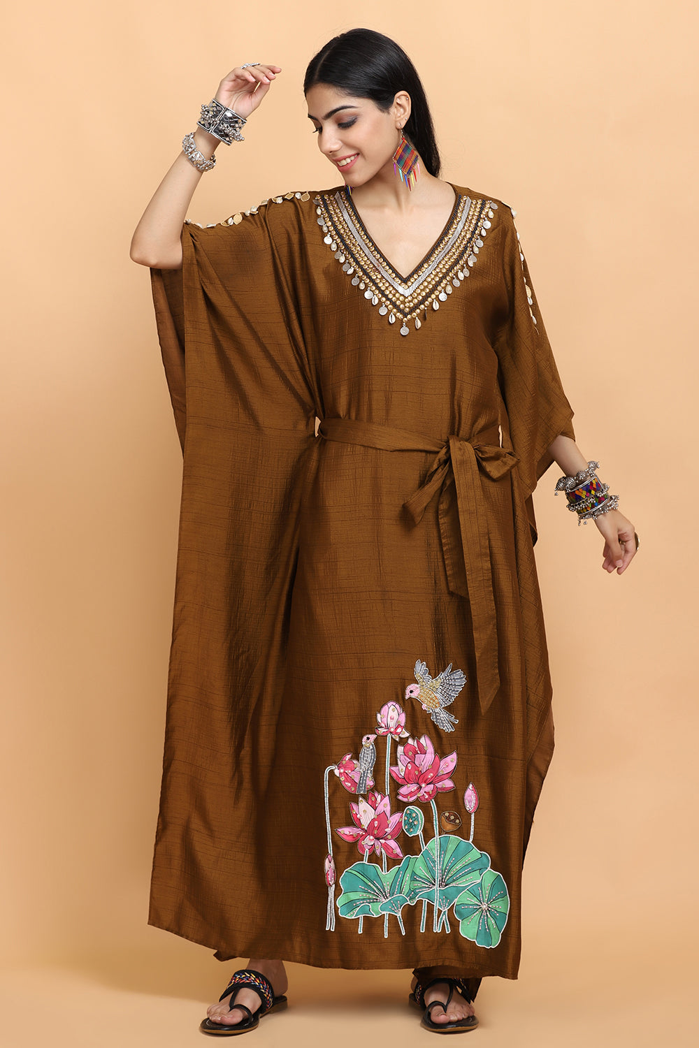 Brown Handpainted Kaftan Set - Auraya Fashion - Arpita Sulakshana - #tag1# - #tag2# - #tag3# - #tag3#