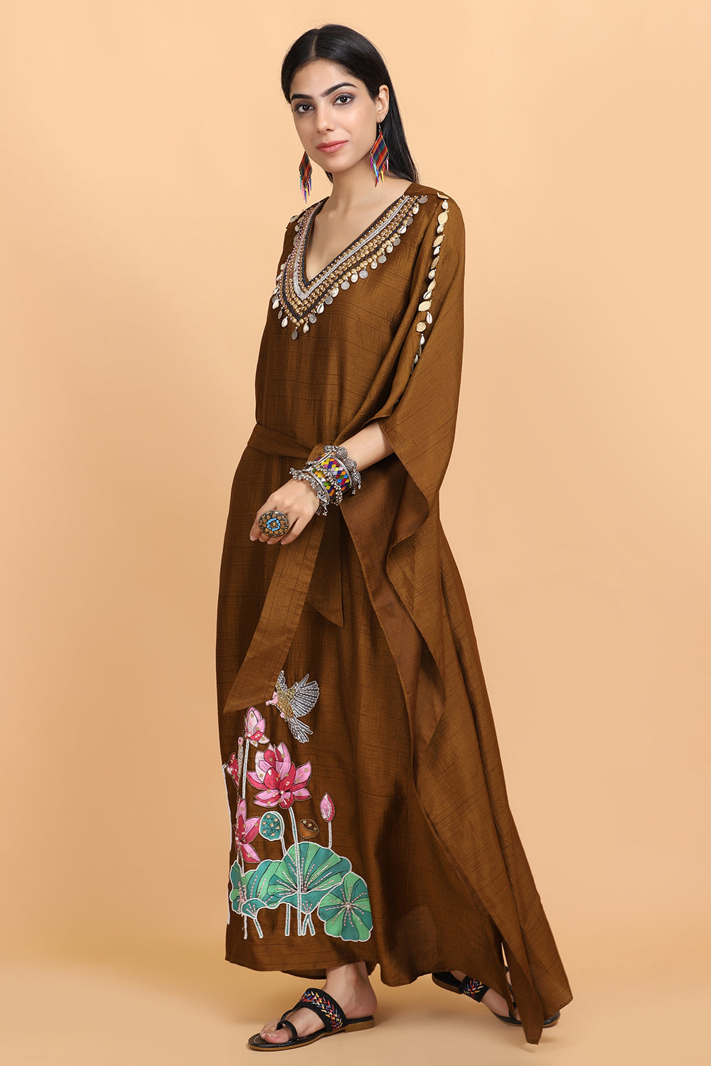 Brown Handpainted Kaftan Set - Auraya Fashion -  - #tag1# - #tag2# - #tag3# - #tag3#