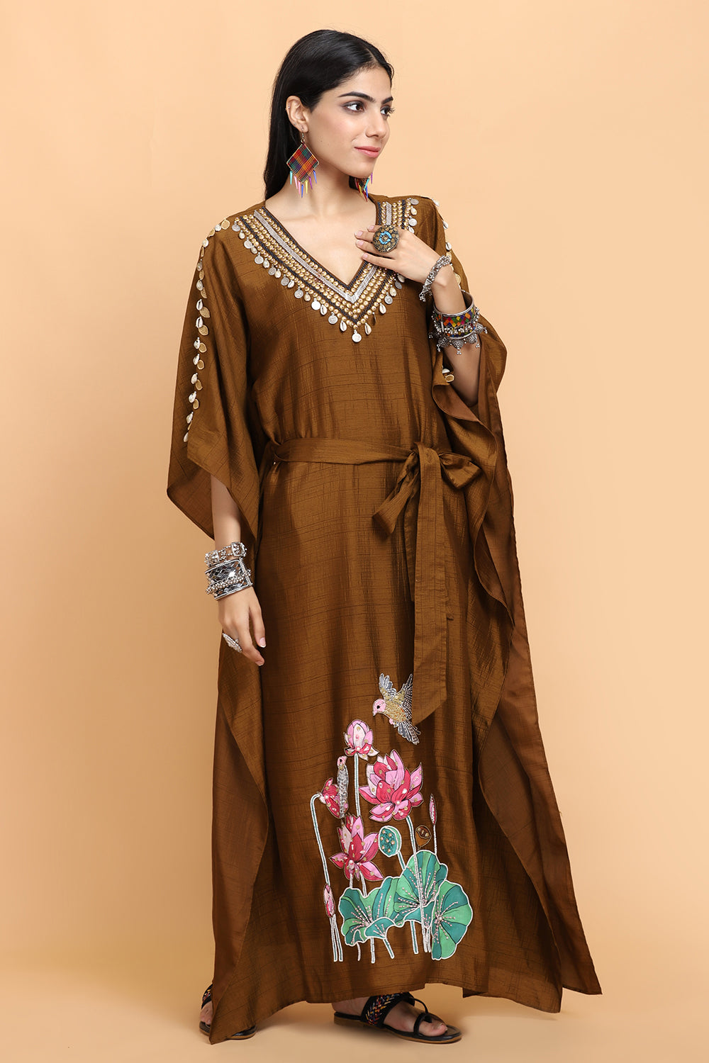 Brown Handpainted Kaftan Set - Auraya Fashion -  - #tag1# - #tag2# - #tag3# - #tag3#