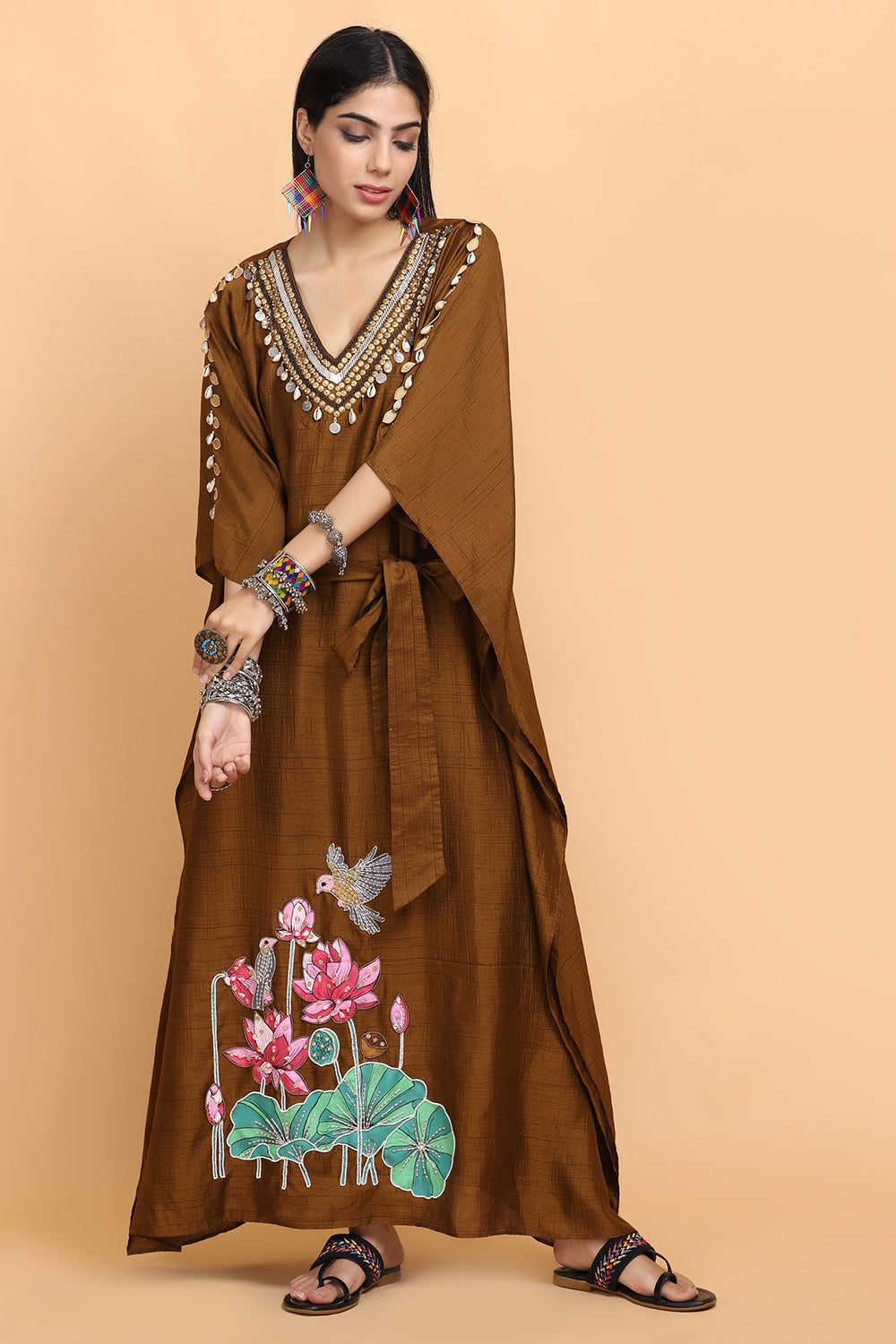 Brown Handpainted Kaftan Set - Auraya Fashion -  - #tag1# - #tag2# - #tag3# - #tag3#