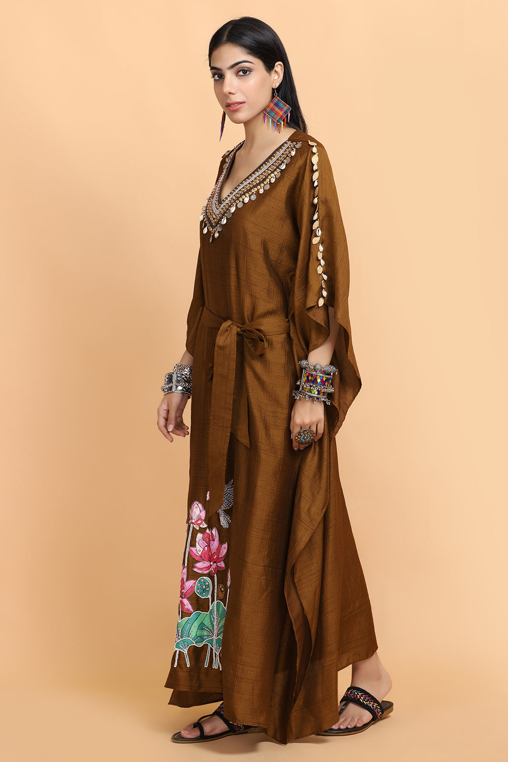 Brown Handpainted Kaftan Set - Auraya Fashion -  - #tag1# - #tag2# - #tag3# - #tag3#