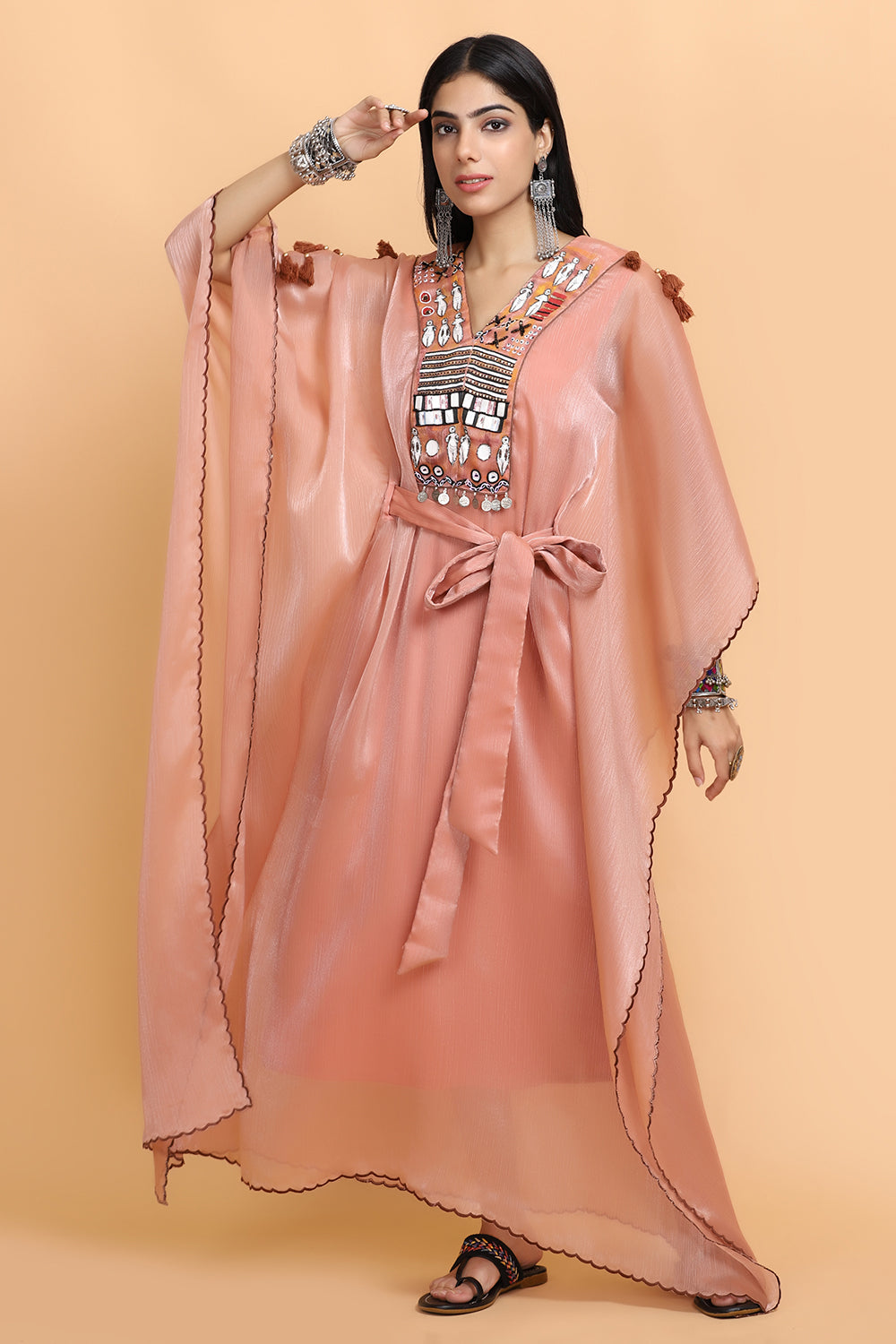 Peach Handpainted Kaftan Set - Auraya Fashion - Arpita Sulakshana - #tag1# - #tag2# - #tag3# - #tag3#