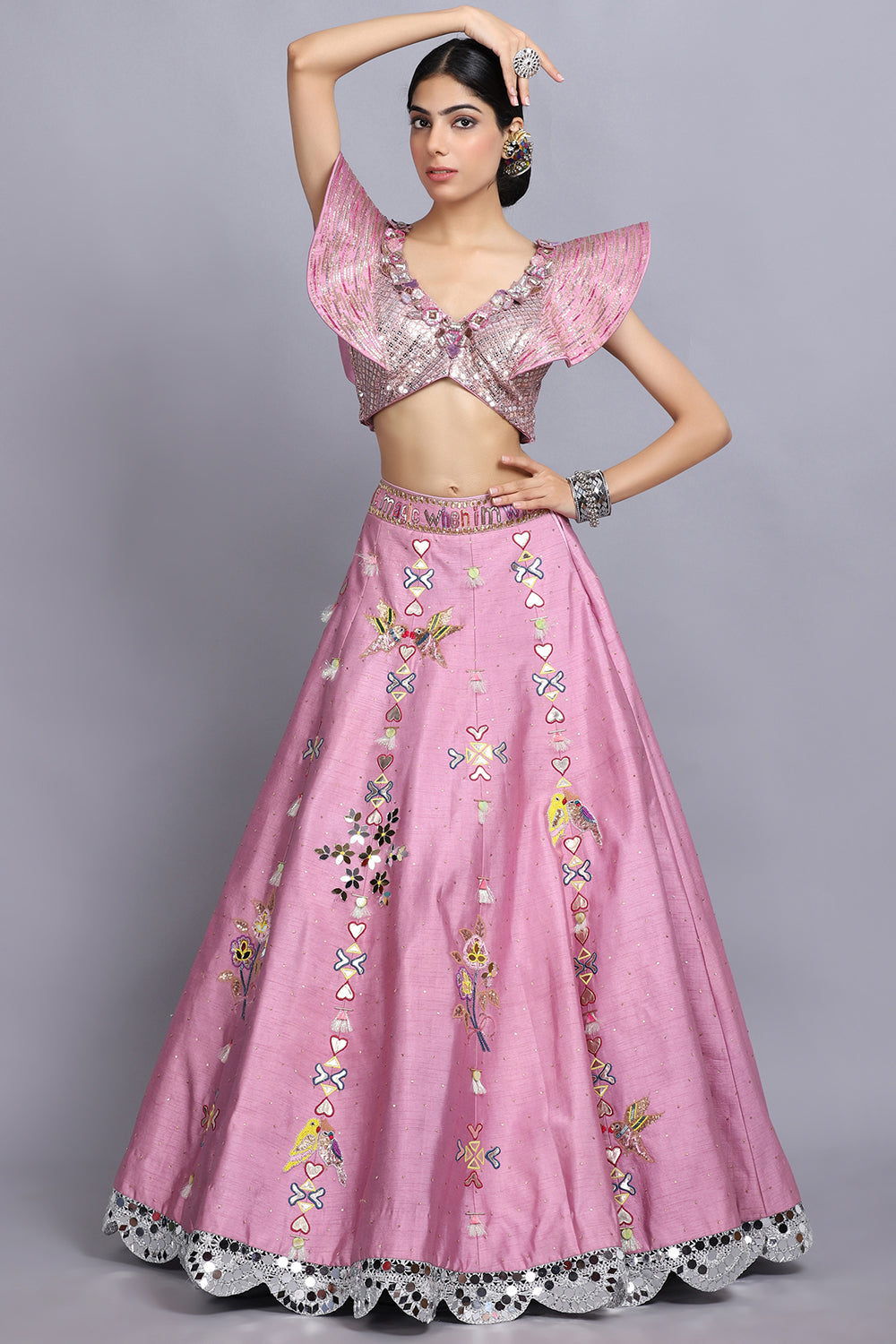 Cameo Pink Handpainted Lehnga Set - Auraya Fashion -  - #tag1# - #tag2# - #tag3# - #tag3#