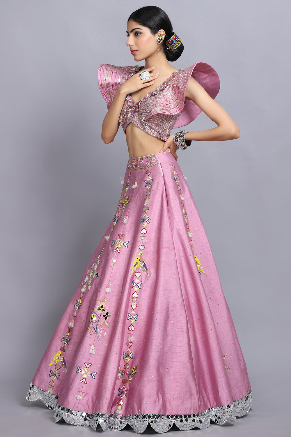 Cameo Pink Handpainted Lehnga Set - Auraya Fashion -  - #tag1# - #tag2# - #tag3# - #tag3#